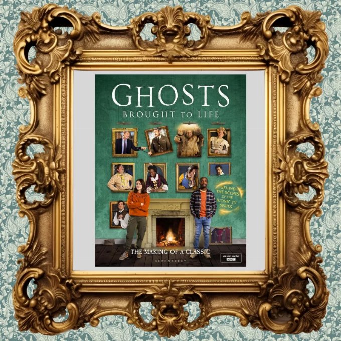 Ghosts Brought to Life book cover in a gold edwardian frame on a wall wallpapered with teal edwardian floral wallpaper