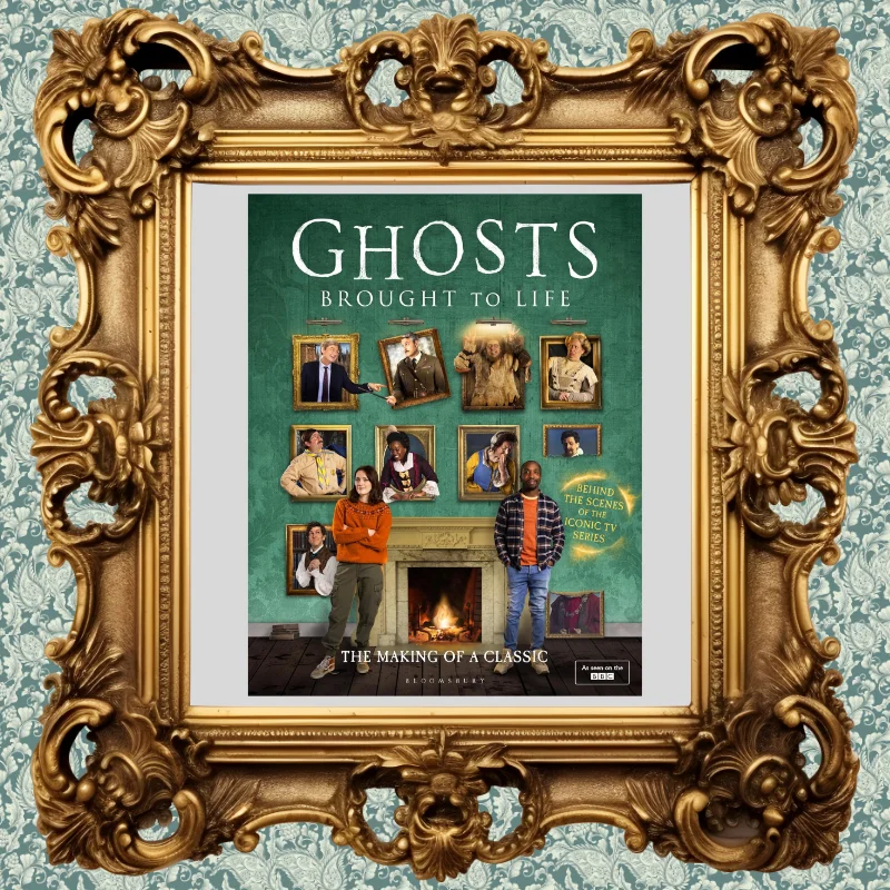 Ghosts Brought to Life book cover in a gold edwardian frame on a wall wallpapered with teal edwardian floral wallpaper