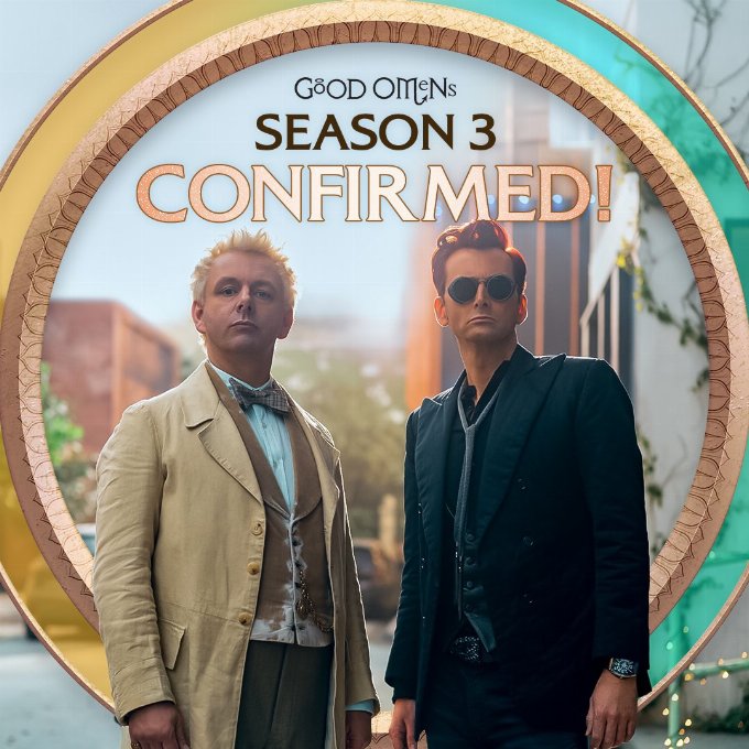 An Angel and Demon stood side by side (left to right) with the words Good Omens Season 3 Confirmed above them 