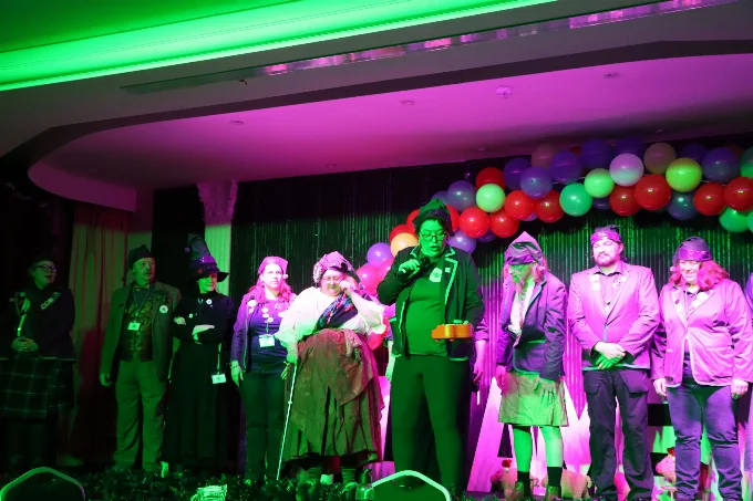 The Purplecoats on stage at the opening ceremony of The Hogs Ball at Llamedos Holiday Camp