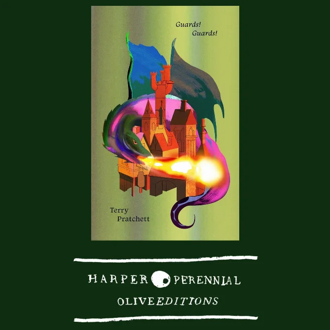 Olive editions cover for Guards! Guards! featuring a dragon wrapped around a building