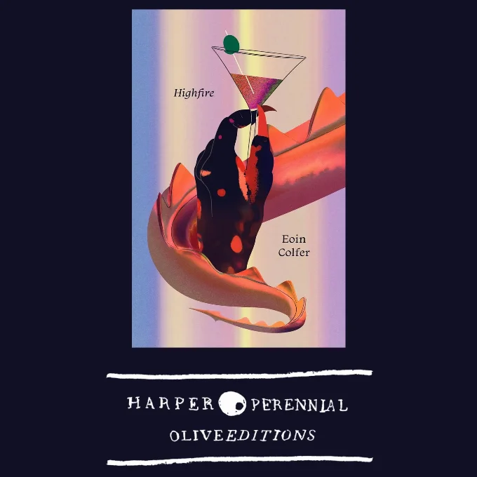 Olive editions cover for Highfire featuring a cocktail class held by a dragon claw and a dragon tail