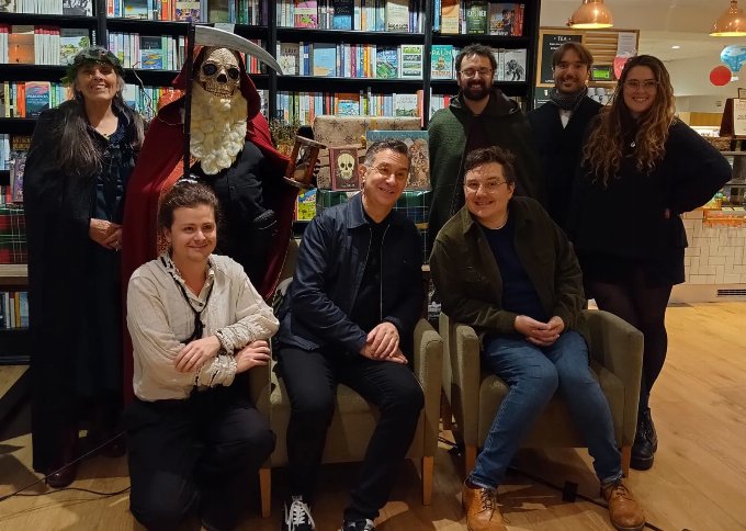 Photo of Rob Wilkins, Marc Burrows, A Hogfather and various members of Waterstones Staff