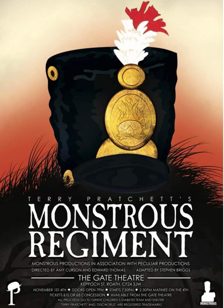 Poster showing a soldiers hat with the words Monstrous Regiment by Terry Pratchett