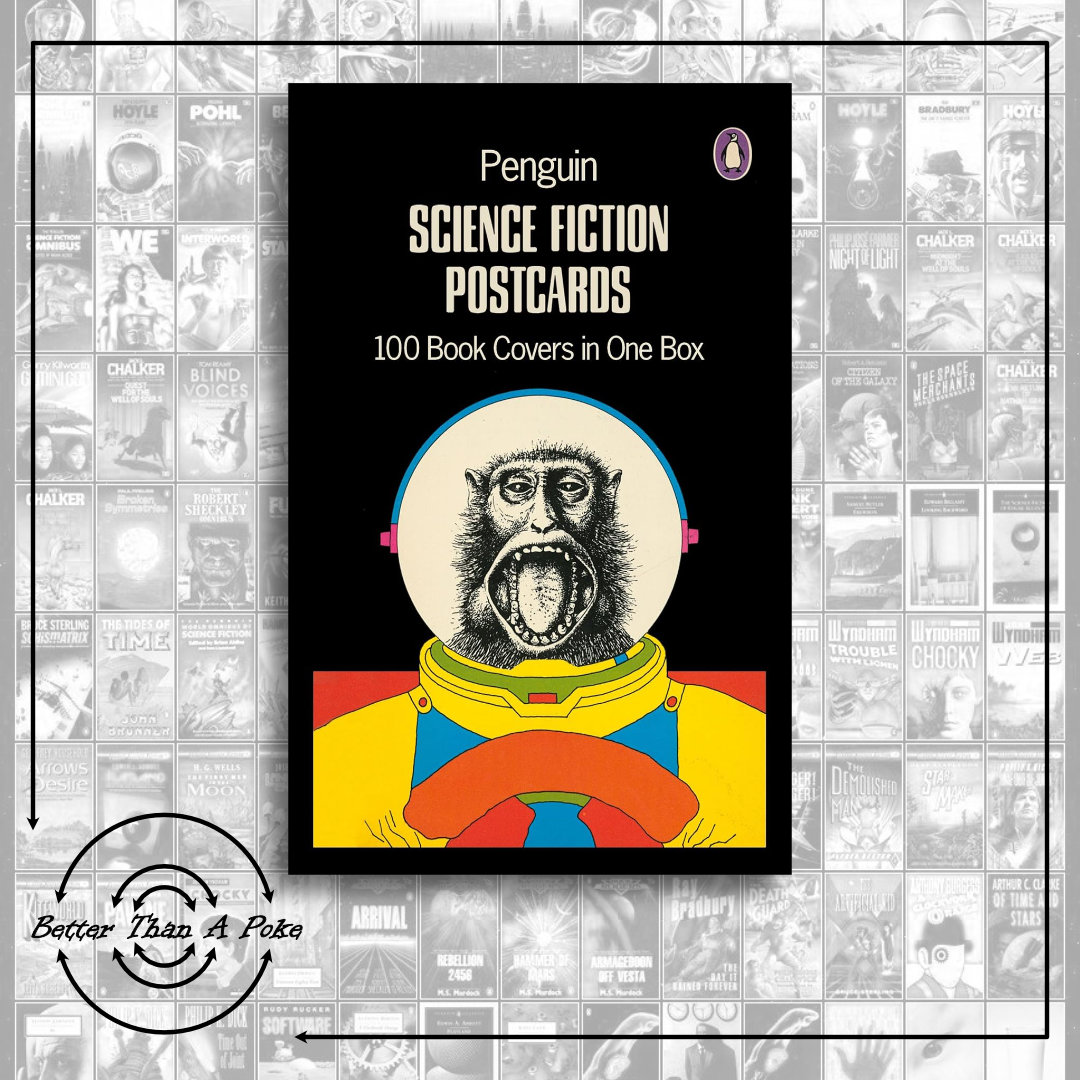 Background - 100 postcards with book cover images on them in black and white. Foreground Box cover of Penguin Science Fiction Postcard Box