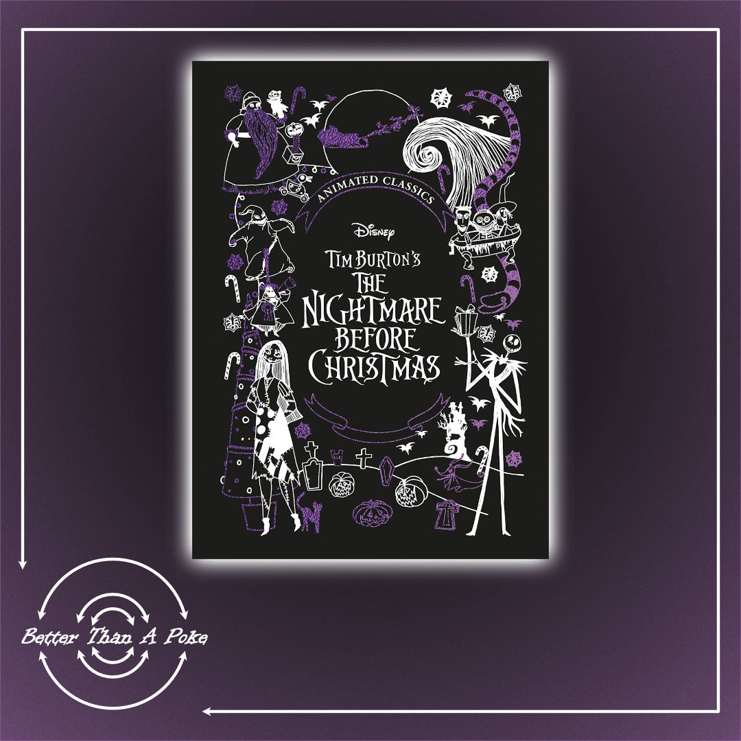 Background: Graduated dark purple. Foreground: Shows book cover of The Nightmare Before Christmas (The Animated Classic)