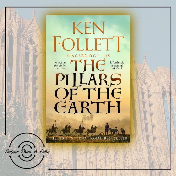 Background: Faded photo of a cathedral. Foreground: Cover of Pillars of the Earth by Ken Follett