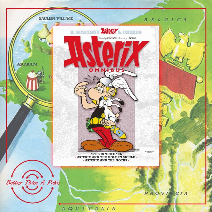 Background: Colour map of Gaul marking where Asterix lives, illustrated by Albert Uderzo. Foreground : White Cover of Asterix Omnibus Volume one with and image of Asterix the Gaul holding Dogmatix.