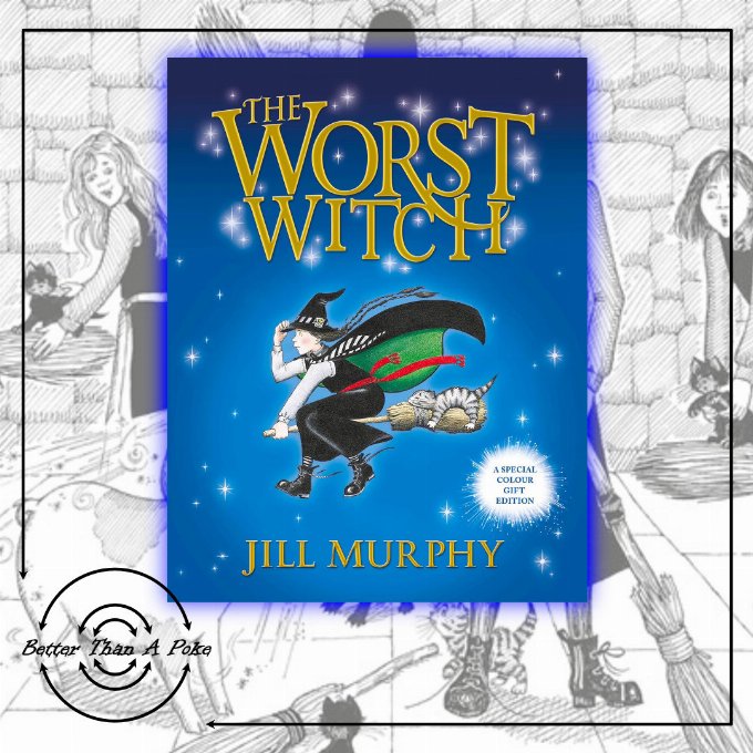 Background : Original black and white illustration of Mildred Hubble turning Ethel into a pig. Foreground: Colour cover of The Worst Witch featuring Mildred Hubble in her school uniform riding a broom. 