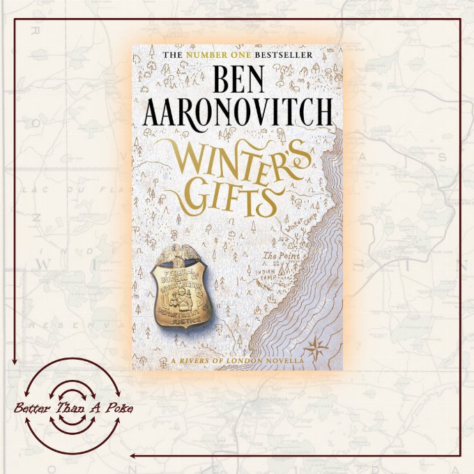 Background:  Faded map of Minnesota. Foreground: Cover of Winter’s Gifts by Ben Aaronovitch