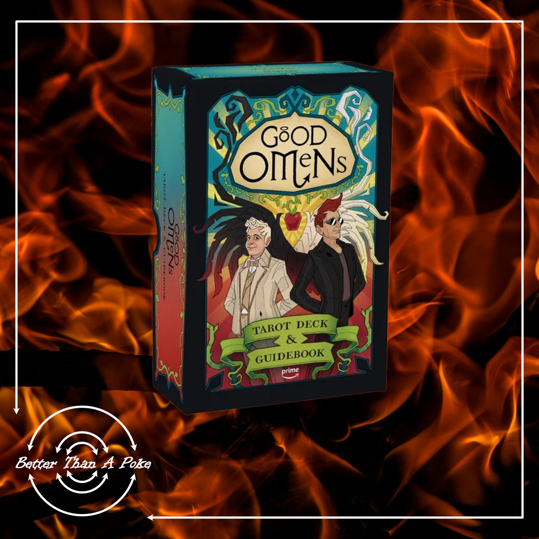 Background: red flames on a black background. Foreground: Good Omens Tarot Card set Box art