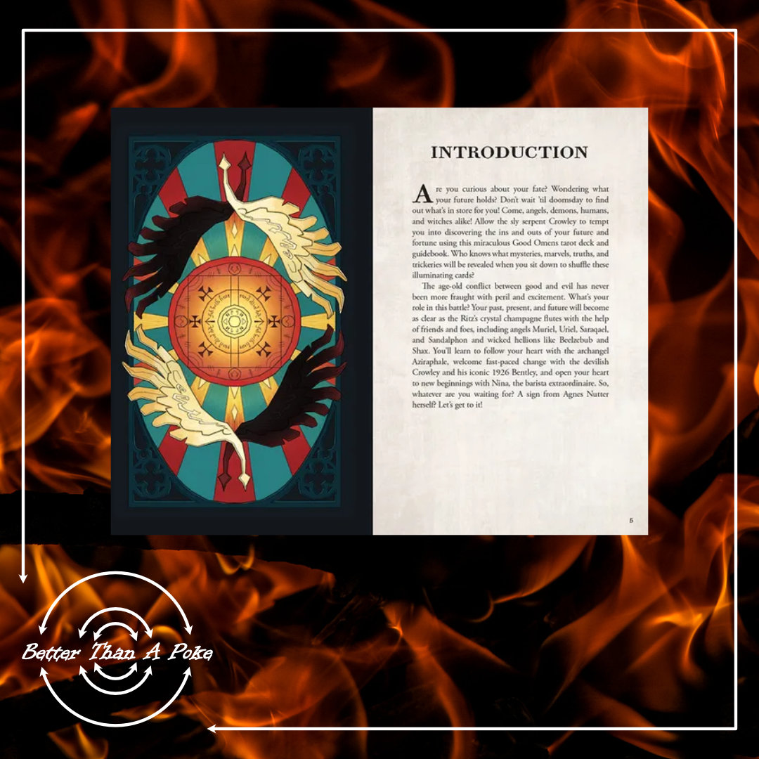 Background: red flames on a black background. Foreground: Good Omens Tarot Set Guide book introduction page