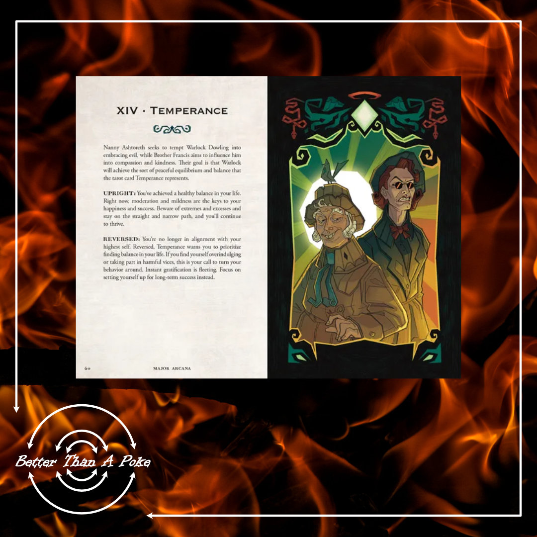 Background: red flames on a black background. Foreground: Good Omens Tarot Set Guide book Temperance page