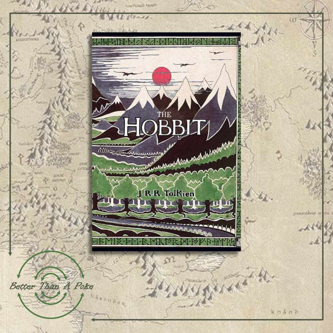 Cover of the The Hobbit featuring the misty mountains and the dark forests and the words The Hobbit