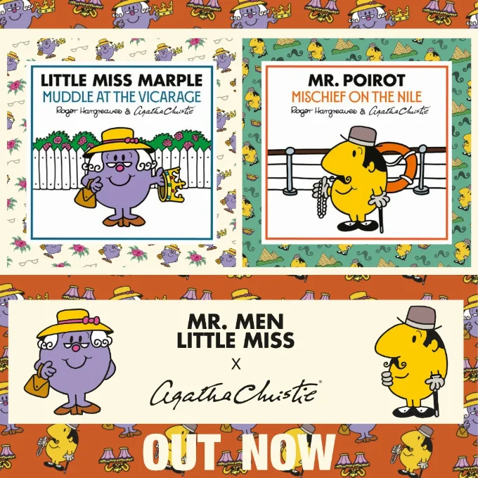 Mr. Men & Little Miss meet Agatha Christie Image showing the covers of Little Miss Marple Muddle at the Vicarage and Mr. Poirot Mischief on the Nile two new books from the Mr Man and Little Miss range based on characters by Agatha Christie