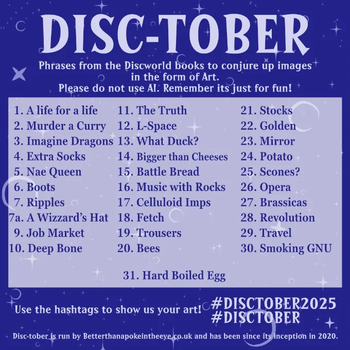 List of 31 prompts for the Disc-tober art challenge created each year by the team at Better Than a Poke in the Eye