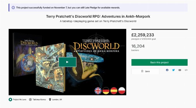 Screenshot of completed Modiphius Kickstarter campaign showing over £2.25 million raised