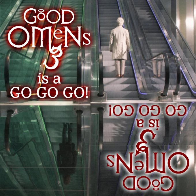 Aziraphale and Crowley on their respective elevators with the wording Good Omens 3 is a GO GO GO!