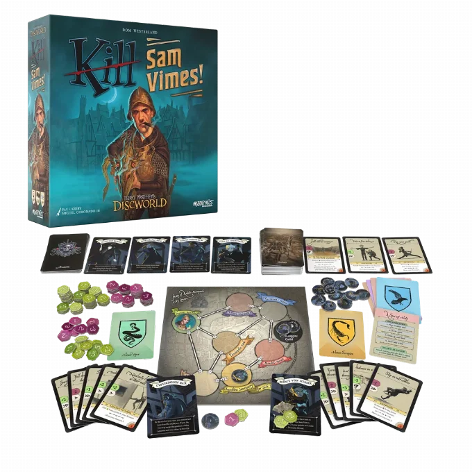 Cover box of Kill Same Vimes and its contents spread out