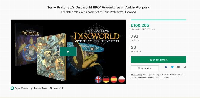 Kickstarter page for Terry Pratchett's Discworld RPG showing that it reached its goal of £100,000 within 27 mins of going live