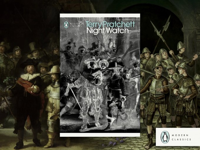 a book cover (in negative black and white) showing Rembrandt's The Night Watch