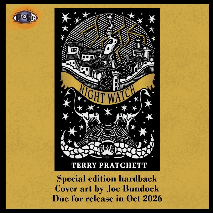 Black book cover featuring linocut style image of Ankh Morpork and the space turtle Great A'Tuin with the word Night Watch encapsulated with a golden ribbon across the middle of the book