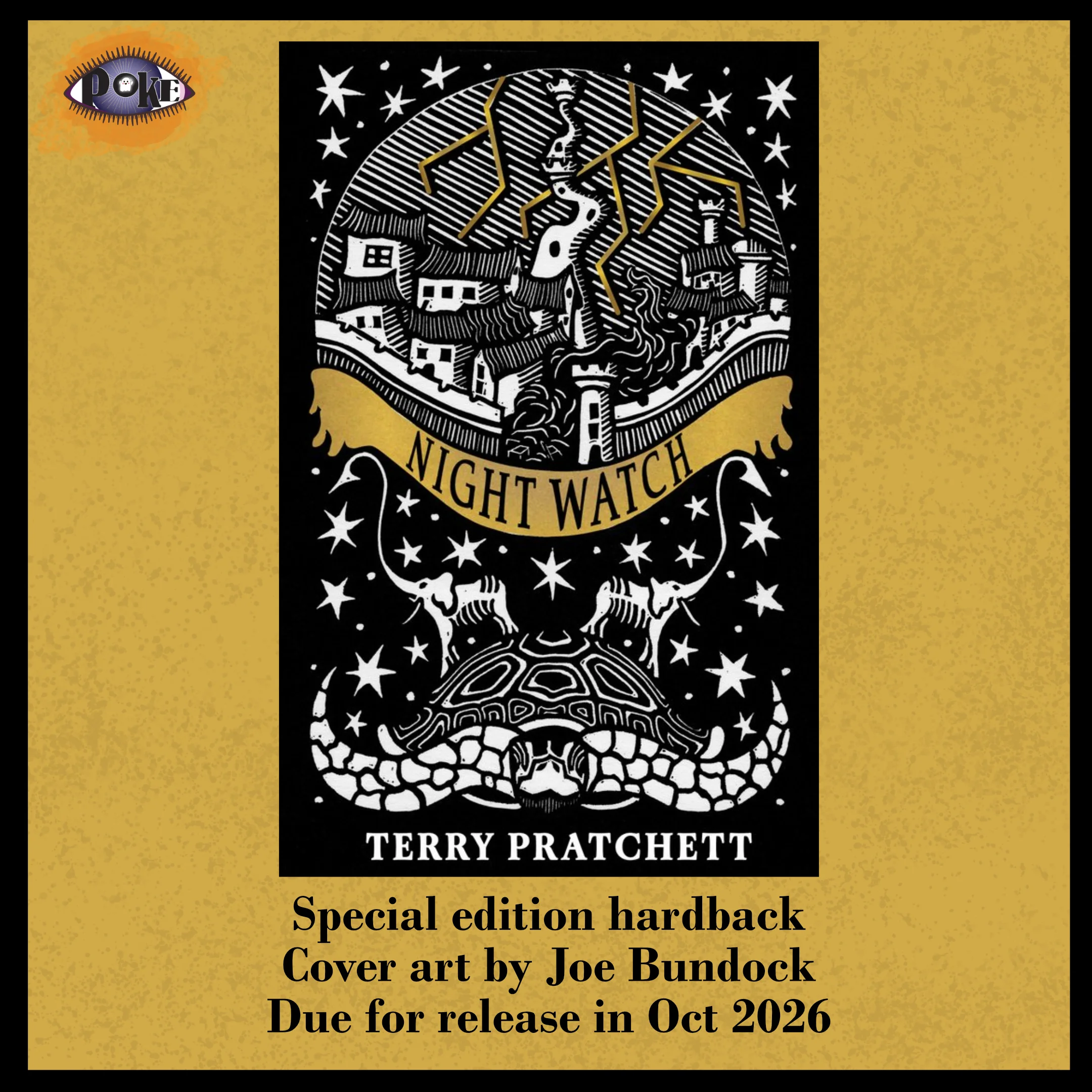 Black book cover featuring linocut style image of Ankh Morpork and the space turtle Great A'Tuin with the word Night Watch encapsulated with a golden ribbon across the middle of the book