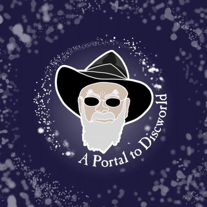 An stylized picture of Terry Pratchett surrounded by the words A Portal to Discworld surrounded by patterns of light
