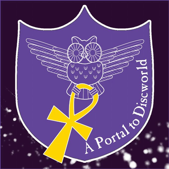 Purple Shield with a white outline drawing of a Morpork holding a goldne ankh with the wording A Portal to Discworld following the outline of the shield on the right hand side