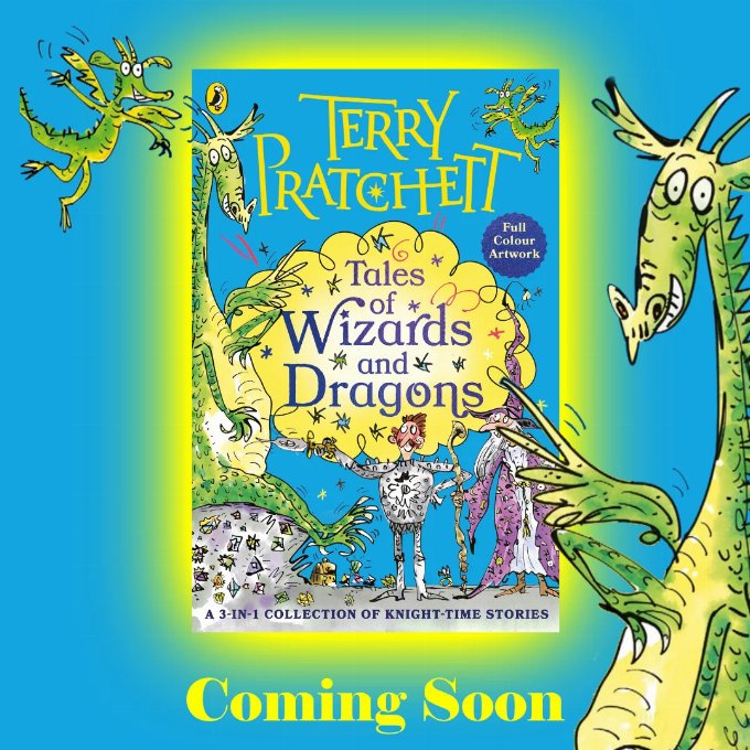 Cover of Tales of Wizards and Dragons by Terry Pratchett.  Features a Mark Beech illustration of a dragon, knight and wizard