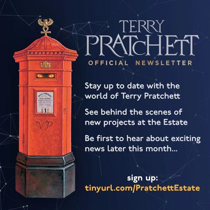 Picture of a pillar box with sinister eyes in the letter slot and the words Terry Pratchett official newsletter