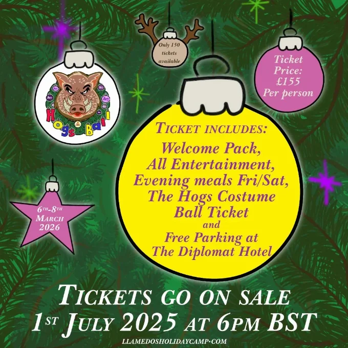 Hogs Ball at Llamedos Holiday Camp Image showing a Hogs Head in a festive wreath with information about ticket prices at dates
