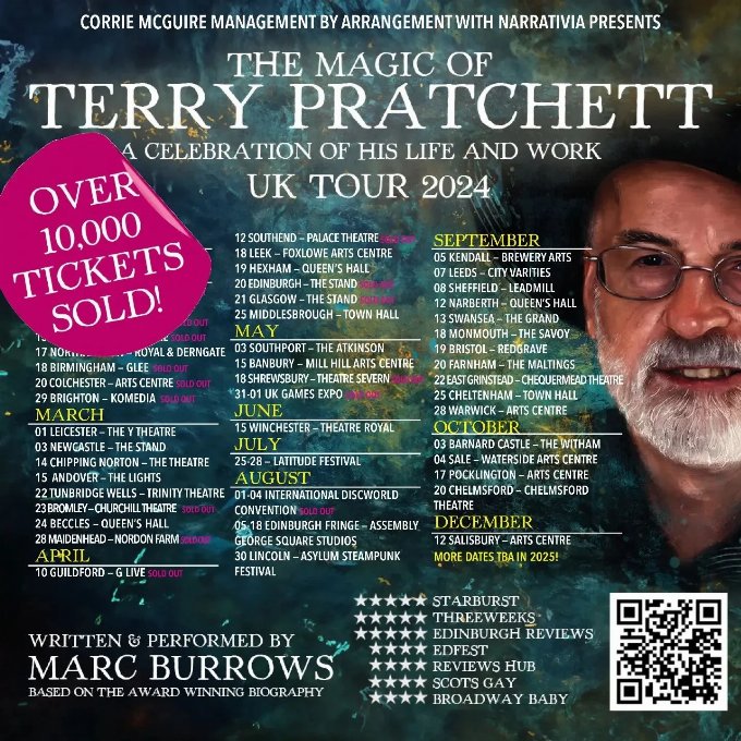 Poster of Tour Dates for Marc Burrows The Magic of Terry Pratchett Talk.  Notable dates are 12th, 13th and 18th September