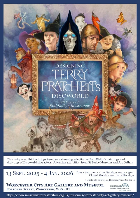 Event Poster Image showing many of Terry's characters illustrated by Paul Kidby with the words Building Terry Pratchett's Discworld